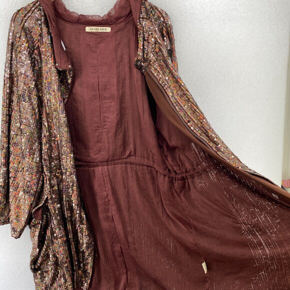 DIABLESS Jacket Womens L Seqiun Embellished Hoodie Coat Full Zip Cinched Brown - Picture 10 of 16